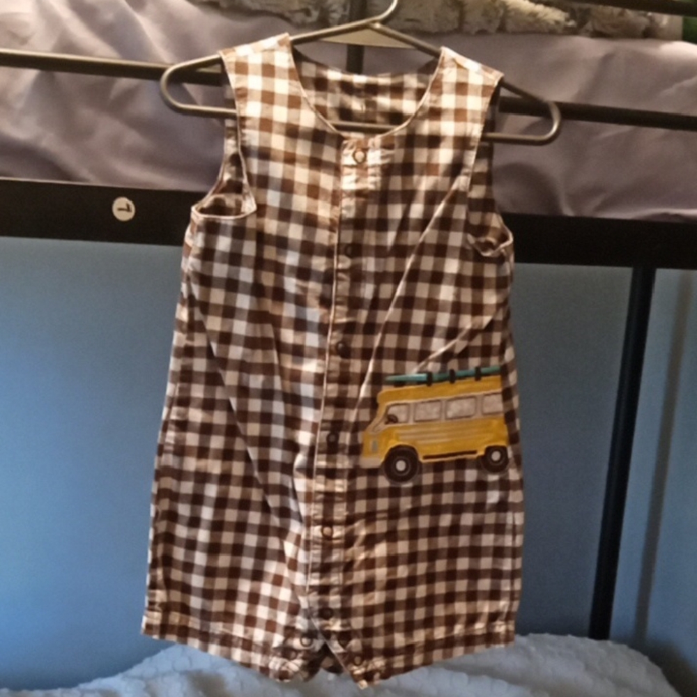Carter's Brown Checkered One Piece with Yellow Bus